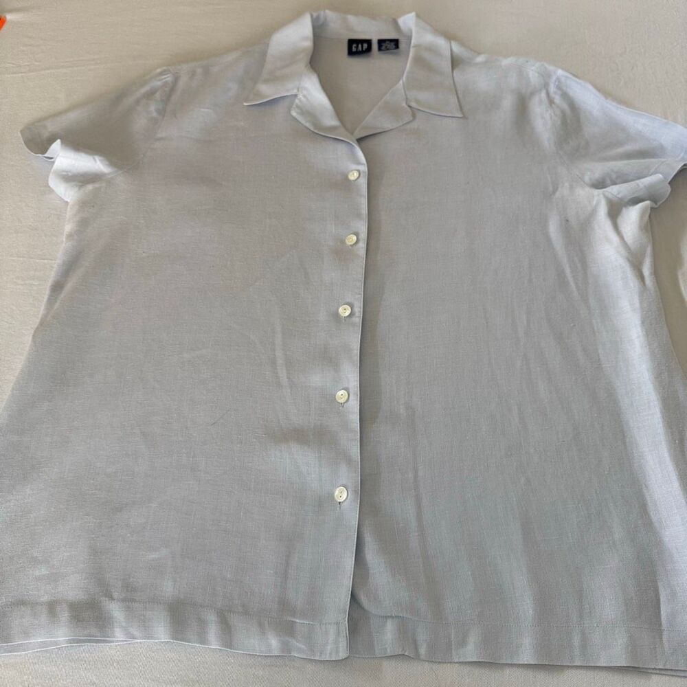 Gap Vintage Linen Button Up Blouse | Pale Blue Cap Sleeve | Size XL